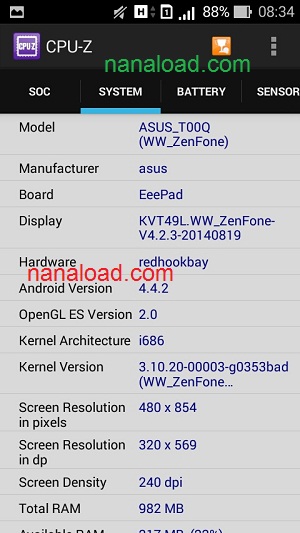 Test CPU Asus Zenfone 4.5" by CPU-z